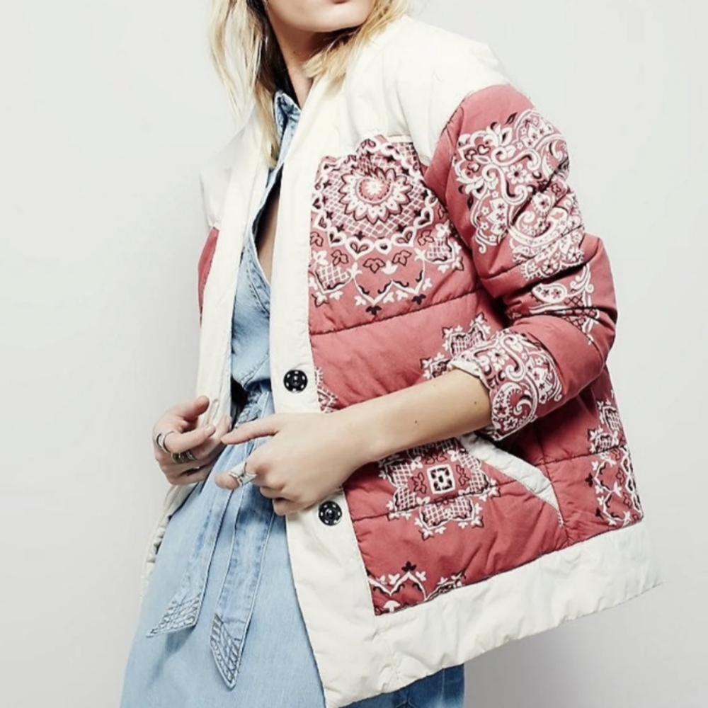 FREE PEOPLE Quilted Button Front Paisley Boho Bandana Jacket RARE